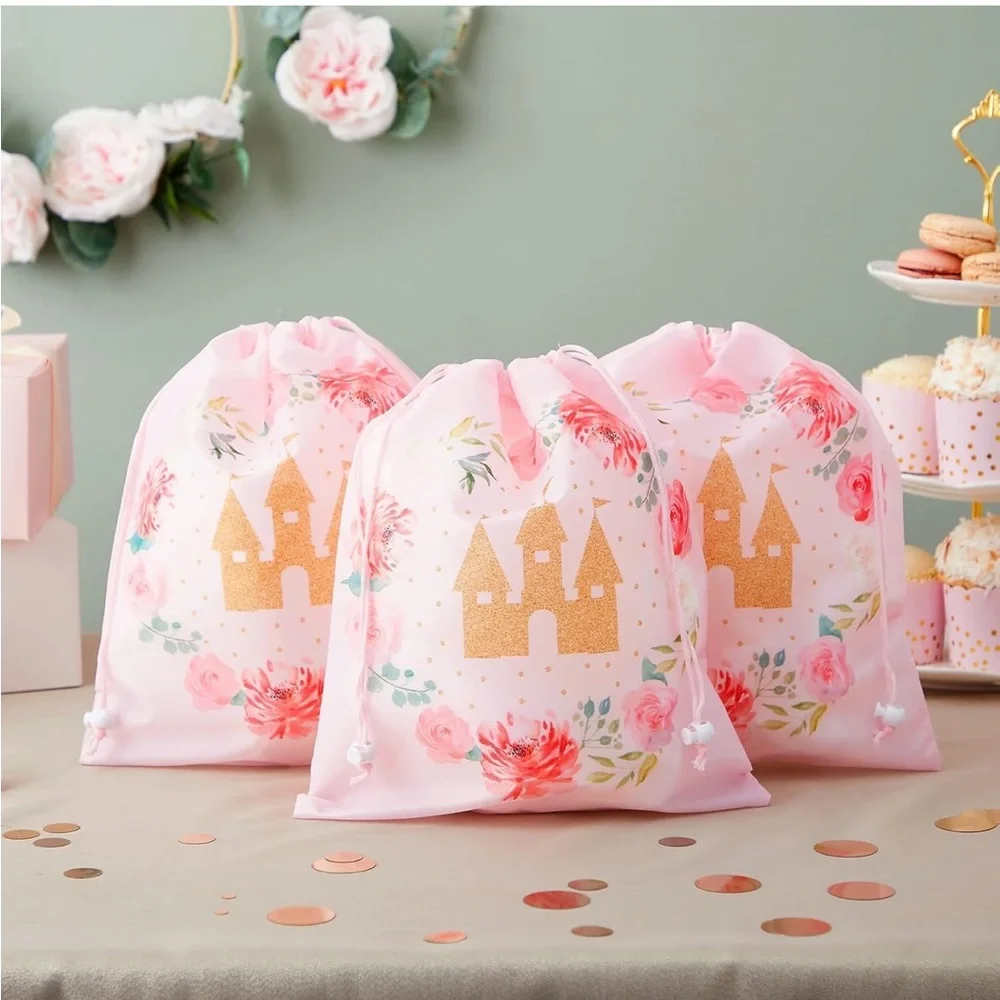 Pink Drawstring Bag with Gold Castle Design (14 Drawstring bags)